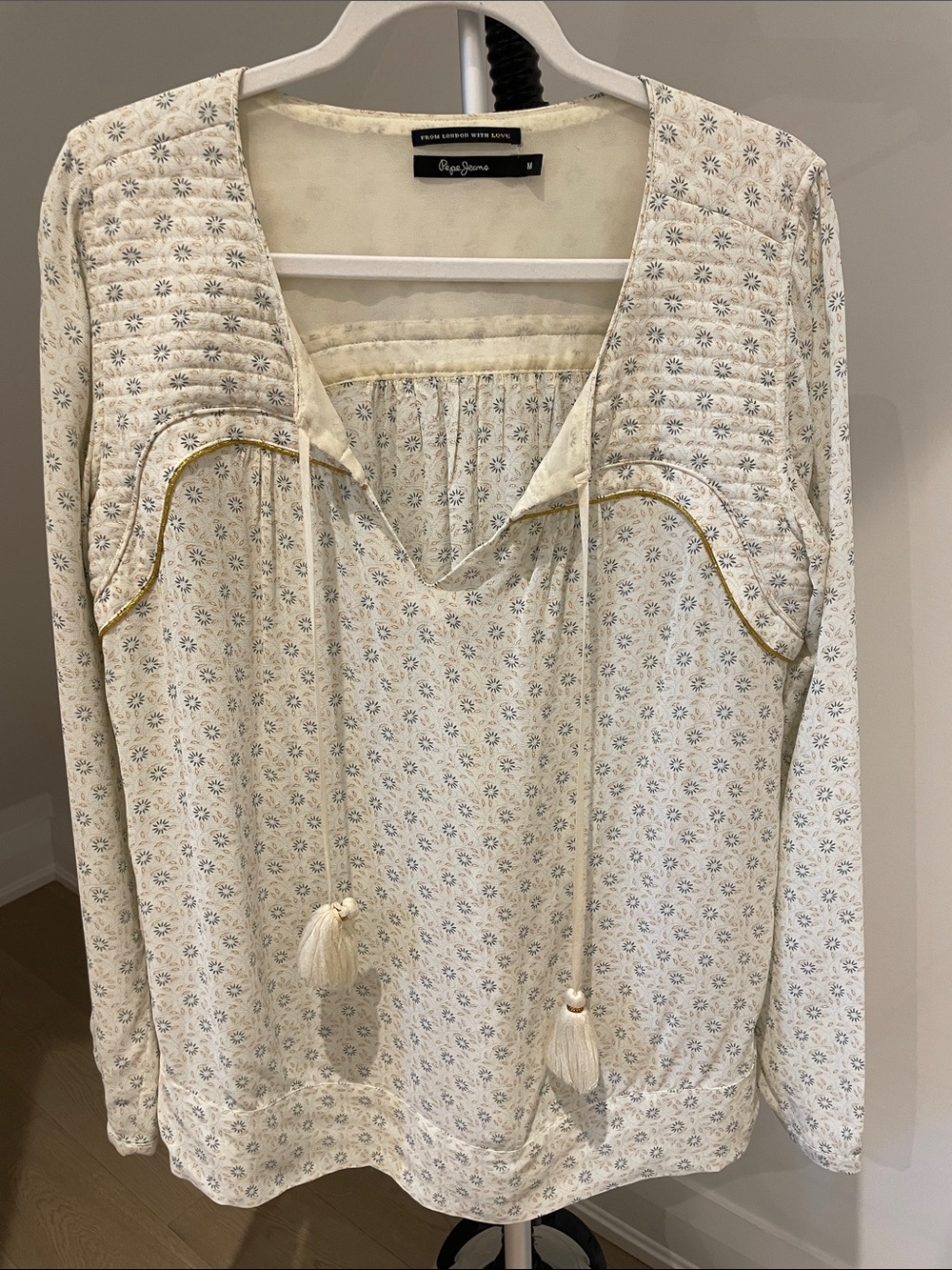 Pepe Jeans Cream Floral Peasant Blouse with Gold Piping